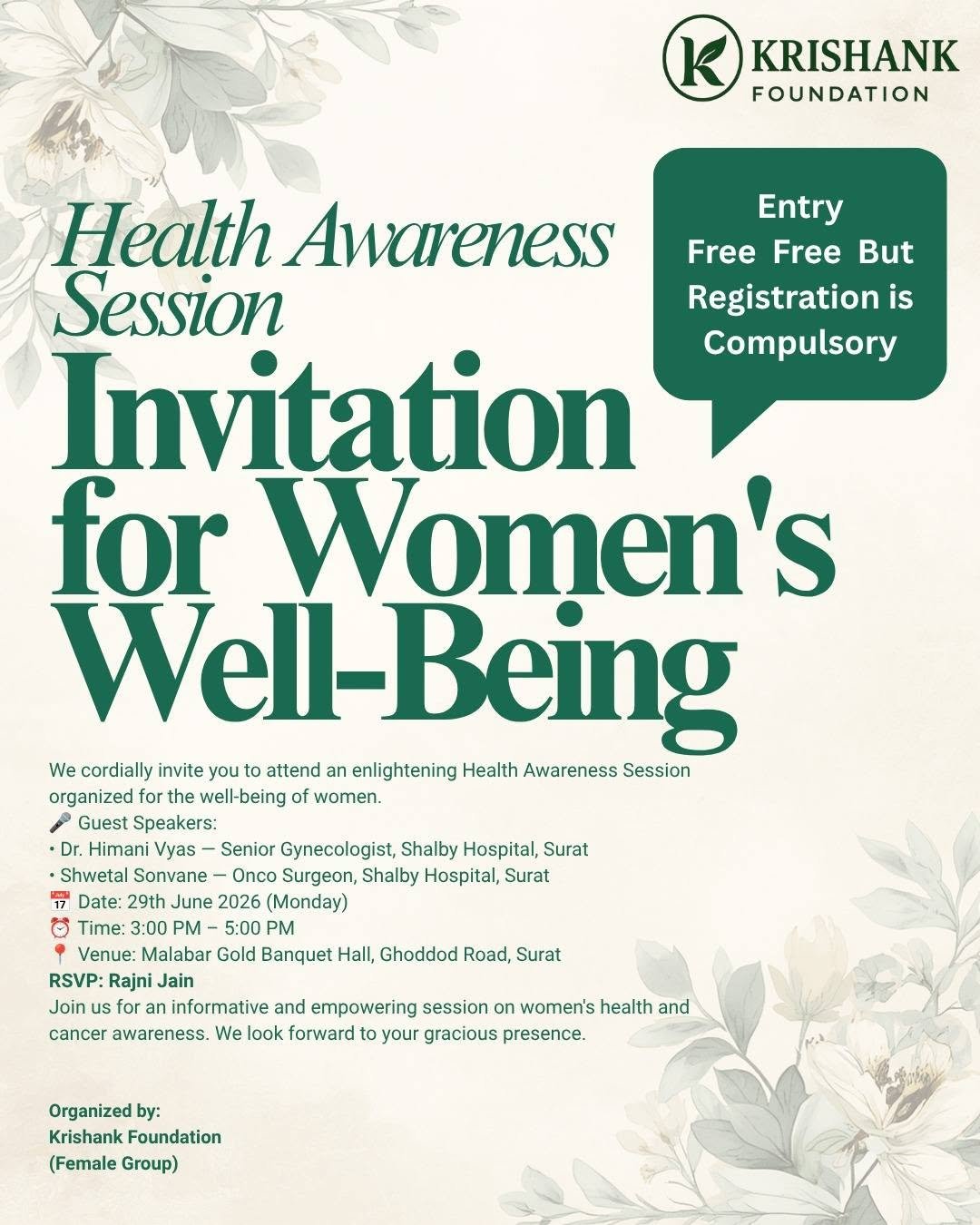 Health Awareness Session poster for women's well-being with doctors from Shalby Hospital, Surat